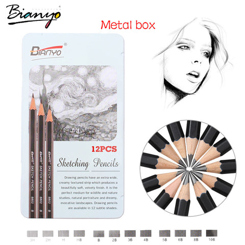 Bianyo 12pcs/set 3H-10B Sketch Drawing Pencils, Non-toxic