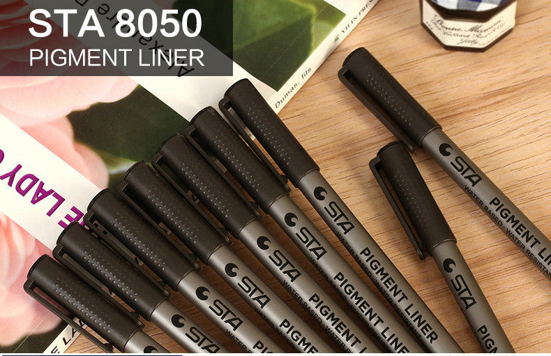 STA Black Pigment Fine Liner Brush Drawing Scrapbooking Pens 9 Pack