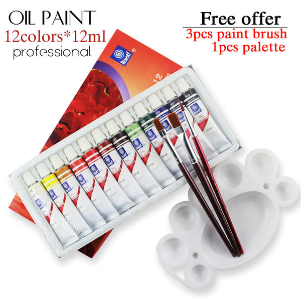 Oil Paints in 12 colers, 3pcs paint brush, 1pcs palette, value pack