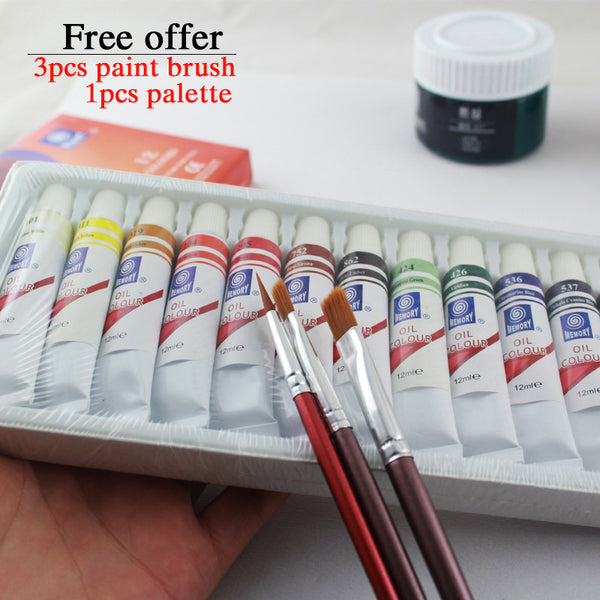 Oil Paints in 12 colers, 3pcs paint brush, 1pcs palette, value pack