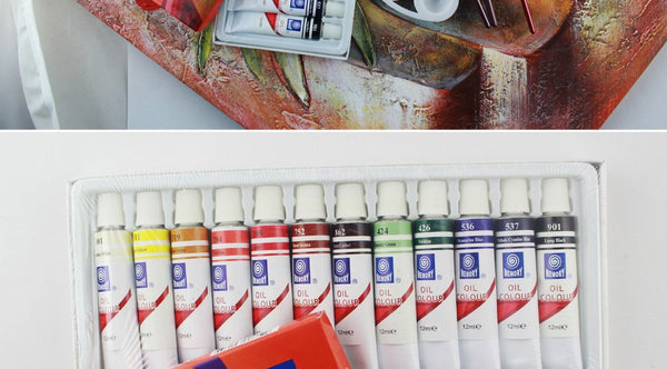 Oil Paints in 12 colers, 3pcs paint brush, 1pcs palette, value pack